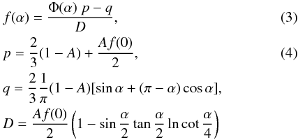 Mathematical equation: \begin{eqnarray} \label{falpha} &&f(\alpha)=\frac{\Phi(\alpha) \; p - q }{D} , \\ \label{palbedo} && p= \frac{2}{3}(1-A)+\frac{Af(0)}{2} , \\ && q= \frac{2}{3} \frac{1}{\pi}(1-A)[\sin\alpha+(\pi-\alpha)\cos\alpha] ,\nonumber \\ \nonumber &&D=\frac{Af(0)}{2}\left(1-\sin\frac{\alpha}{2}\tan\frac{\alpha}{2}\ln\cot\frac{\alpha}{4}\right) \end{eqnarray}