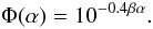 Mathematical equation: \begin{equation} \label{Phibeta} \Phi(\alpha)= 10^{-0.4 \beta \alpha} . \end{equation}
