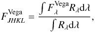 Mathematical equation: \appendix \setcounter{section}{1} \begin{equation} F_{{\it JHKL}}^\mathrm{Vega}=\frac{\int{F_{\lambda}^\mathrm{Vega}R_{\lambda}{\rm d}\lambda}}{\int{R_{\lambda}{\rm d}\lambda}}, \end{equation}