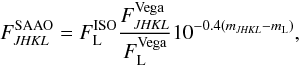 Mathematical equation: \appendix \setcounter{section}{1} \begin{equation} F_{{\it JHKL}}^\mathrm{SAAO}=F_\mathrm{L}^\mathrm{ISO}\frac{F_{{\it JHKL}}^\mathrm{Vega}}{F_\mathrm{L}^\mathrm{Vega}}10^{-0.4(m_{{\it JHKL}}-m_\mathrm{L})}, \end{equation}