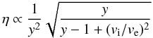 Mathematical equation: \begin{equation} \eta \propto \frac{1}{y^{2}}\sqrt{\frac{y}{y-1+(v_\mathrm{i}/v_\mathrm{e})^{2}}} \label{density} \end{equation}