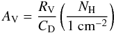\begin{equation} A_{\rm V}=\frac{R_{\rm V}}{C_{\rm D}}\left(\frac{N_{\rm H}}{1~\mathrm{cm}^{-2}}\right) \label{eq:1} \end{equation}