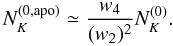 Mathematical equation: \begin{equation} \label{nl0final} N_K^{(0, {\rm apo})} \simeq \frac{w_4}{(w_2)^2} N_K^{(0)}. \end{equation}