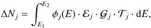 Mathematical equation: \begin{equation} \label{Eq::DetectorModel} \Delta N_{j} = \int_{E_{1}}^{E_{2}} \phi_{j}(E)\cdot \mathcal{E}_{j} \cdot \mathcal{G}_{j} \cdot \mathcal{T}_{j}\cdot {\rm d}E, \end{equation}