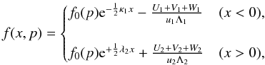Mathematical equation: \begin{equation} \label{Eq::FullSolutionUSDS} f(x,p) = \begin{cases} f_{0}(p) {\rm e}^{-\frac{1}{2}\kappa_{1}x} - \frac{U_{1} + V_{1} + W_{1}}{u_{1} \Lambda_{1}} & (x<0),\\ \\ f_{0}(p) {\rm e}^{+\frac{1}{2}\lambda_{2}x} + \frac{U_{2} + V_{2} + W_{2}}{u_{2} \Lambda_{2}} & (x>0), \end{cases} \end{equation}