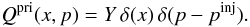 Mathematical equation: \begin{equation} \label{Eq::Injection} Q^{\rm pri}(x,p) = Y \, \delta(x) \, \delta(p-p^{\rm inj}). \end{equation}