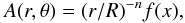 \begin{equation} A(r, \theta) = (r/R)^{-n} f(x), \label{wolfsondecay} \end{equation}