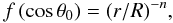 \begin{equation} f\left(\cos \theta_{0}\right) = (r/R)^{-n}, \label{footpoint_theta} \end{equation}