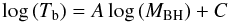 Mathematical equation: \begin{equation} \label{eqn:mchardy2} \log\,(T_{\rm b}) = A \log\,(M_{\rm BH}) + C \end{equation}