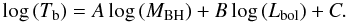 Mathematical equation: \begin{equation} \label{eqn:mchardy1} \log\,(T_{\rm b}) = A \log\,(M_{\rm BH}) + B \log\,(L_{\rm bol}) + C. \end{equation}
