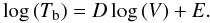 Mathematical equation: \begin{equation} \label{eqn:Tfwhm} \log\,(T_{\rm b}) = D \log\,(V) + E. \end{equation}