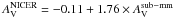 Mathematical equation: \hbox{$A_{\rm V}^{\rm NICER}=-0.11+1.76\times A_{\rm V}^{\rm sub-mm}$}