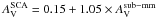Mathematical equation: \hbox{$A_{\rm V}^{\rm SCA}=0.15+1.05\times A_{\rm V}^{\rm sub-mm}$}