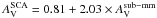 Mathematical equation: \hbox{$A_{\rm V}^{\rm SCA}=0.81+2.03\times A_{\rm V}^{\rm sub-mm}$}