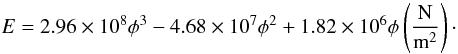 \begin{equation} E = 2.96 \times 10^8 \phi^3 - 4.68 \times 10^7 \phi^2 + 1.82 \times 10^6 \phi \left( \rm {\frac{N}{m^2}} \right)\cdot \end{equation}