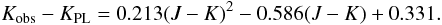 \begin{equation} \nonumber K_{\rm obs} - K_{\rm PL} = 0.213(J-K)^2 - 0.586(J-K) + 0.331. \end{equation}