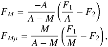 Mathematical equation: \begin{eqnarray} &&F_M = \frac{-A}{A-M}\left(\frac{F_1}{A}-F_2\right) \nonumber\\ &&F_{M \mu} = \frac{M}{A-M}\left(\frac{F_1}{M}-F_2\right), \label{eq:decomp2} \end{eqnarray}