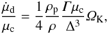 \begin{equation} \frac{\dot \mu_{\rm d}}{\mu_{\rm c}} = \frac{1}{4} \frac{\rho_{\rm p}}{\rho} \frac{\varGamma \mu_{\rm c}}{\Delta^3} \varOmega_{\rm K}, \label{eq:drift_accr_rate_max} \end{equation}