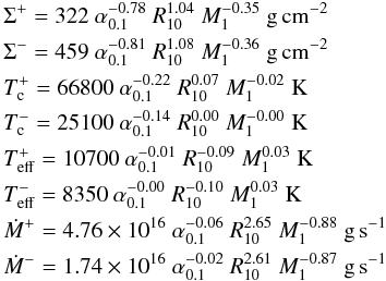 \appendix \setcounter{section}{1} \begin{eqnarray} && \Sigma^+ =322~\alpha_{0.1}^{-0.78}~R_{10}^{ 1.04}~M_1^{-0.35}~\mathrm{g\,cm^{-2}}\nonumber \\ && \Sigma^- =459~\alpha_{0.1}^{-0.81}~R_{10}^{ 1.08}~M_1^{-0.36}~\mathrm{g\,cm^{-2}}\nonumber \\ && T_{\rm c}^+ =66800~\alpha_{0.1}^{-0.22}~R_{10}^{ 0.07}~M_1^{-0.02}~\mathrm{K}\\ && T_{\rm c}^- =25100~\alpha_{0.1}^{-0.14}~R_{10}^{ 0.00}~M_1^{-0.00}~\mathrm{K}\nonumber\\ && T_{\rm eff}^+ =10700~\alpha_{0.1}^{-0.01}~R_{10}^{-0.09}~M_1^{ 0.03}~\mathrm{K}\nonumber\\ && T_{\rm eff}^- =8350~\alpha_{0.1}^{-0.00}~R_{10}^{-0.10}~M_1^{ 0.03}~\mathrm{K}\nonumber\\ && \dot{M}^+ =4.76\times 10^{16}~\alpha_{0.1}^{-0.06}~R_{10}^{ 2.65}~M_1^{-0.88}~\mathrm{g\,s^{-1}}\nonumber\\ && \dot{M}^- =1.74\times 10^{16}~\alpha_{0.1}^{-0.02}~R_{10}^{ 2.61}~M_1^{-0.87}~\mathrm{g\,s^{-1}}\nonumber \label{96crit} \end{eqnarray}