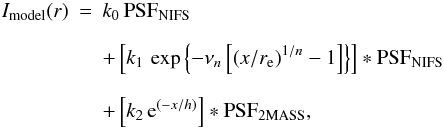 Mathematical equation: \begin{eqnarray} \label{eq:profboth} I_{\rm model}(r) &=& k_0 \, \mathrm{PSF}_{\mathrm{NIFS}}\nonumber\\[2.5mm] && + \left[ k_1 \, \exp \left\{-\nu_n\left[\left(x/r_{\rm e}\right)^{1/n} -1\right] \right\} \right] \ast \mathrm{PSF}_{\mathrm{NIFS}} \nonumber\\[2.5mm] && + \left[ k_2 \, \mathrm{e}^{(-x/h)} \right] \ast \mathrm{PSF}_{\mathrm{2MASS}}, \end{eqnarray}