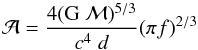 Mathematical equation: \begin{equation} \label{eq:amplitude} \mathcal{A} = \frac{4(\mathrm{G}\;\mathcal{M})^{5/3}}{c^4 \; d} (\pi f)^{2/3} \end{equation}
