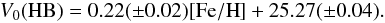 Mathematical equation: \begin{equation} V_0({\rm HB}) = 0.22 (\pm 0.02)[{\rm Fe/H}] + 25.27 (\pm 0.04). \end{equation}