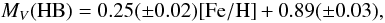 Mathematical equation: \begin{equation} M_V{\rm (HB)} = 0.25 (\pm 0.02){\rm [Fe/H]} + 0.89 (\pm 0.03), \end{equation}