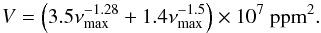 \begin{equation} V = \left(3.5\nu_{\max}^{-1.28} + 1.4 \nu_{\max}^{-1.5}\right) \times 10^7 \rm~ppm^2. \label{finalpred} \end{equation}
