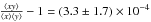 Mathematical equation: \hbox{$\frac{\langle xy\rangle}{\langle x\rangle \langle y\rangle}-1=(3.3\pm 1.7)\times 10^{-4}$}