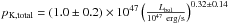 Mathematical equation: \hbox{$p_{\rm K,total}=(1.0\pm 0.2)\times 10^{47}\left(\frac{L_{\rm bol}}{10^{47}{\rm~erg/s}}\right)^{0.32\pm 0.14}$}
