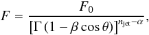 Mathematical equation: \begin{equation} F = \frac{F_0}{\left [\Gamma\left (1-\beta \cos \theta \right)\right]^{n_{\rm jet}-\alpha}}, \label{flux} \end{equation}