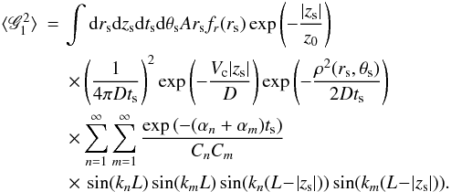 \begin{eqnarray} \langle \mathscr{G}_1^2 \rangle &=&\! \int {\rm d}r_{\rm s} {\rm d}z_{\rm s} {\rm d}t_{\rm s} {\rm d}\theta_{\rm s} A r_{\rm s} f_r(r_{\rm s}) \exp\left( -\frac{|z_{\rm s}|}{z_0}\right) \nonumber \\ & &\times \left( \frac{1}{4 \pi D t_{\rm s}}\right)^2 \exp\left( -\frac{V_{\rm c} |z_{\rm s}|}{D}\right) \exp\left( -\frac{\rho^2(r_{\rm s},\theta_{\rm s}) }{2 D t_{\rm s}} \right)\nonumber\\ && \times \sum_{n = 1}^\infty \sum_{m = 1}^\infty \frac{\exp\left( - (\alpha_n + \alpha_m) t_{\rm s}\right)}{C_n C_m} \nonumber\\ &&\times\, \sin(k_n L ) \sin(k_m L) \sin(k_n (L\!-\!|z_{\rm s}|) ) \sin(k_m(L\!-\!|z_{\rm s}|)). \end{eqnarray}