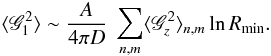 \begin{eqnarray} \langle \mathscr{G}_1^2 \rangle \sim \frac {A}{4 \pi D} \ \sum_{n,m} \langle \mathscr{G}_z^2 \rangle_{n,m} \ln R_\text{min}. \end{eqnarray}