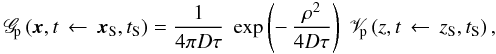 \appendix \setcounter{section}{1} \begin{eqnarray} \mathscr{G}_{\!\rm p} \left( \vec{x}, t \, \leftarrow \, \vec{x}_{\rm S}, t_{\rm S} \right) = {\displaystyle \frac{1}{4 \pi D \tau}} \; \exp \left( - \, {\displaystyle \frac{\rho^{2}}{4 D \tau}} \right) \; \mathscr{V}_{\!\rm p} \left( z, t \, \leftarrow \, z_{\rm S}, t_{\rm S} \right), \label{def:G_p} \end{eqnarray}