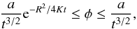 \appendix \setcounter{section}{2} \begin{eqnarray*} \frac{a}{t^{3/2}} {\rm e}^{-R^2/4Kt} \leq \phi \leq \frac{a}{t^{3/2}}, \end{eqnarray*}