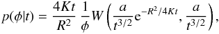 \appendix \setcounter{section}{2} \begin{eqnarray*} p(\phi | t) = \frac{4Kt}{R^2} \, \frac{1}{\phi} W\left(\frac{a}{t^{3/2}} {\rm e}^{-R^2/4Kt}, \frac{a}{t^{3/2}} \right), \end{eqnarray*}