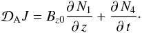 Mathematical equation: \begin{eqnarray} \label{TorsionalEq} {\cal {D}}_{\mathrm {A}}J=B_{z0}\frac{\partial\,N_{1}}{\partial\, z}+\frac{\partial\,N_{4}}{\partial\,t}\cdot \end{eqnarray}