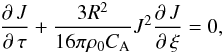 Mathematical equation: \begin{eqnarray} \label{CohenJ} \frac{\partial\,J}{\partial\,\tau}+\frac{3R^{2}}{16\pi\rho_{0}C_{\mathrm {A}}}J^{2}\frac{\partial\,J}{\partial\,\xi}=0, \end{eqnarray}