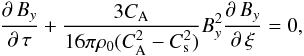 Mathematical equation: \begin{eqnarray} \label{CohenBy} \frac{\partial\,B_{y}}{\partial\,\tau}+\frac{3C_{\mathrm {A}}}{16\pi\rho_{0}(C^{2}_{\mathrm {A}}-C_{\rm s}^{2})}B_{y}^{2} \frac{\partial\,B_{y}}{\partial\,\xi}=0, \end{eqnarray}