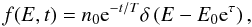 Mathematical equation: \begin{equation} f(E, t) = n_0 {\rm e}^{-t/T} \delta \left(E - E_0 {\rm e}^{\tau} \right), \label{eq-5} \end{equation}