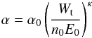 Mathematical equation: \begin{equation} \alpha = \alpha_0 \left(\frac{W_\mathrm{t}}{n_0 E_0} \right)^{\kappa} \label{eq-kappa} \end{equation}