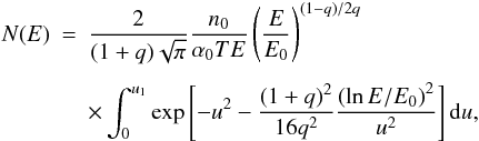 Mathematical equation: \begin{eqnarray} N(E) & = & \frac{2}{(1+q) \sqrt{\pi}} \frac{n_0}{\alpha_0 T E} \left(\frac{E}{E_0} \right)^{(1-q)/2q} \nonumber \\[1.5mm] & & \times \int_0^{u_1} \exp \left[ - u^2 - \frac{(1+q)^2}{16 q^2} \frac{\left(\ln E/E_0\right)^2}{u^2} \right] {\rm d}u, \label{eq-NE-stoch} \end{eqnarray}