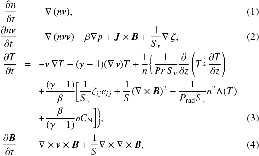 Mathematical equation: \begin{eqnarray} {{\partial n}\over {\partial t}}\ &=&\ -\nabla\, (n \vec{ v}),\\ {{\partial n \vec{ v}}\over{\partial t}}\ &=&\ -\nabla\,({n \vec{v v}}) -{\beta}\nabla p + \vec{ J}\times\vec{ B}+ {1\over S_v}\nabla\,\vec{ \zeta},\\ {{\partial T}\over{\partial t}}\ &=&\ -\vec{ v}\,\nabla T - (\gamma - 1) (\nabla\, \vec{ v}) T +\frac{1}{n}\bigg\{\frac{1}{ Pr\, S_v }\frac{\partial }{\partial z}\left(T^{\frac{5}{2}}\frac{\partial T}{\partial z}\right) \nonumber \\ &&\ +{(\gamma -1)\over\beta} \bigg[ { 1\over S_v} \zeta_{ij} e_{ij} +{1\over S} (\nabla\times\vec{ B})^2 -{1\over P_{\rm rad} S_v} n^2\Lambda (T) \nonumber \\ &&\ + {\beta\over(\gamma - 1)} n C_{\rm N}\bigg]\bigg \},\\ {{\partial \vec{ B}}\over{\partial t}}\ &=&\ \nabla\times\vec{ v}\times\vec{ B} + \frac{1}{S}\nabla\times \nabla\times \vec{ B}, \label{eq:b} \end{eqnarray}