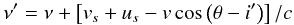 Mathematical equation: \begin{equation} \label{5} \nu' = \nu + \left[v_s + u_s - v\cos{\left(\theta-i'\right)}\right]/c \end{equation}