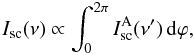 Mathematical equation: \begin{equation} I_{\rm sc}(\nu) \propto \int_0^{2\pi} I^{\rm A}_{\rm sc}(\nu')\,{\rm d}\varphi, \end{equation}
