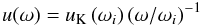 Mathematical equation: \begin{equation} u(\omega) = u_{\rm K}\left(\omega_i\right)\left(\omega/\omega_i\right)^{-1} \end{equation}