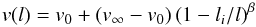 Mathematical equation: \begin{equation} v(l) = v_0 + \left(v_{\infty} - v_0\right)\left(1 - l_{i}/l\right)^{\beta} \end{equation}
