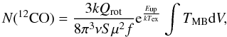 Mathematical equation: \begin{equation} N({\rm ^{12}CO})=\frac{3kQ_{\rm rot}}{8\pi^{3}\nu S\mu^{2}f}{\rm e}^{\frac{E_{\rm up}}{kT_{\rm ex}}}\int T_{\rm MB}{\rm d}V, \end{equation}