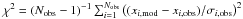 \hbox{$\chi^2 = (N_\mathrm{obs}-1)^{-1} \sum_{i=1}^{N_\mathrm{obs}} \left( (x_{i, {\rm mod}} - x_{i, {\rm obs}}) /\sigma_{i, {\rm obs}}\right)^2 $}