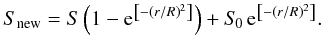 Mathematical equation: \begin{equation} S_{\rm new} = S\left(1-\mathrm{e}^{\left[-\left(r/R\right)^2\right]}\right)+S_{\!0}\,\mathrm{e}^{\left[-\left(r/R\right)^2\right]}. \end{equation}